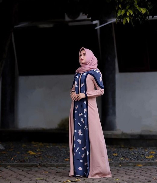Model Baju Gamis Katun Jepang Murah Meriah Aksen Motif Dark Grey Soft Cream