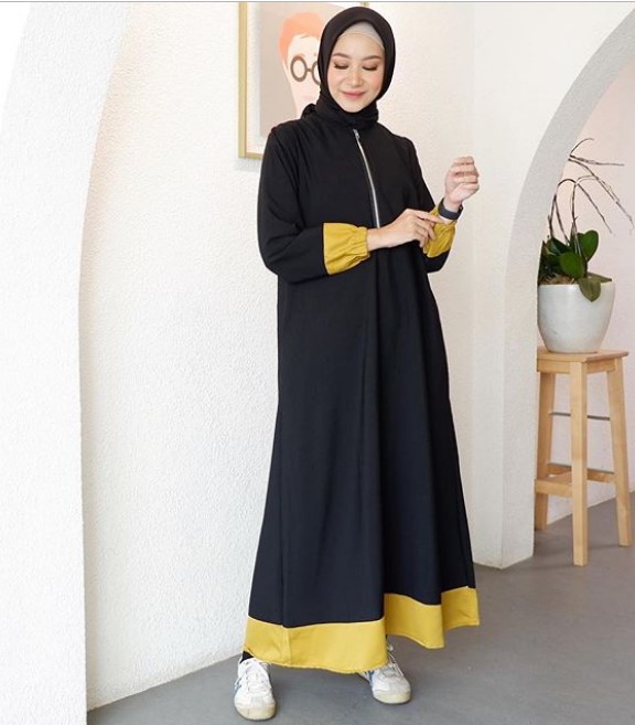 Model Baju Gamis Katun Jepang Murah Meriah Lengan Karet Hitam Mustard