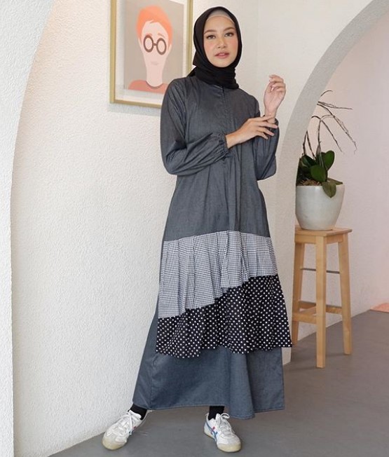 Model Baju Gamis Katun Jepang Murah Meriah Rempel Square Polka Dark Grey