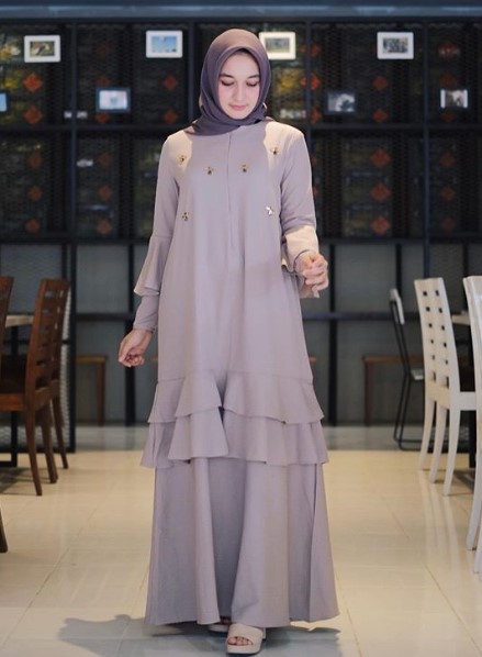 Model Baju Gamis Katun Jepang Polos Murah Terbaru Rok Rempel Mutiara Soft Grey