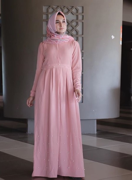 Model Baju Gamis Katun Jepang Polos Murah Terbaru Tali Pinggang Aksen Mutiara Soft Pink