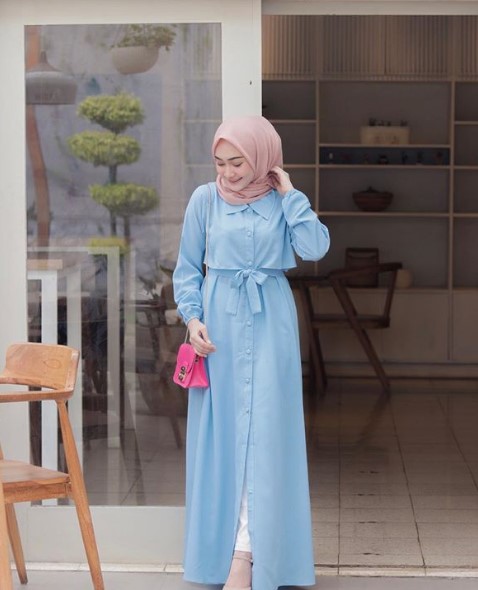 Model Baju Gamis Modern Remaja Kekinian Kerah Kancing Depan Ikat Pinggang Soft Blue