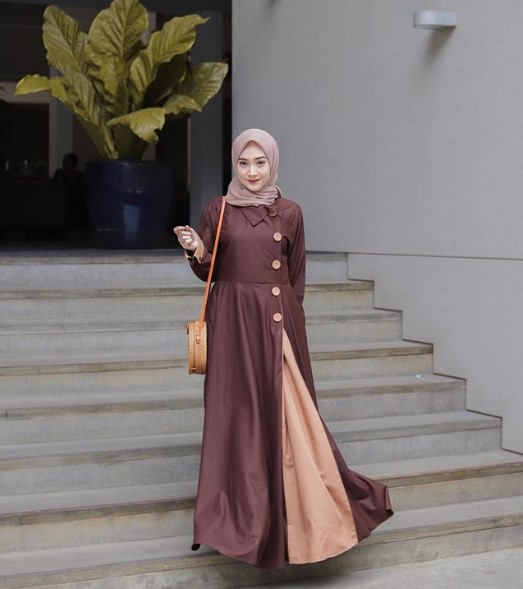 Model Baju Gamis Modern Terbaru Katun Jepang Kombinasi Kancing Depan Coklat Kuning
