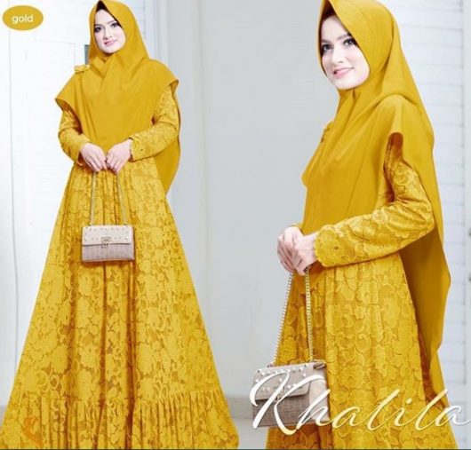 Model Baju Gamis Pesta Brokat Gold