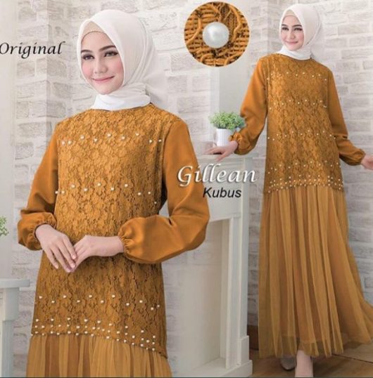 Model Baju Gamis Pesta Brokat Kuning Gold