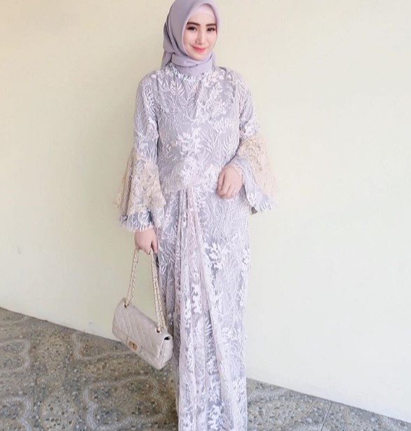 Model Baju Gamis Pesta Brokat Mewah Soft Grey