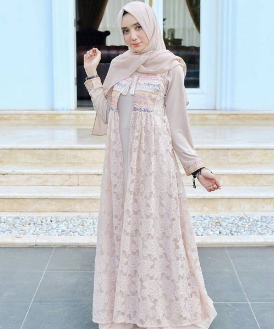 Model Baju Gamis Pesta Brokat Nude Cerah