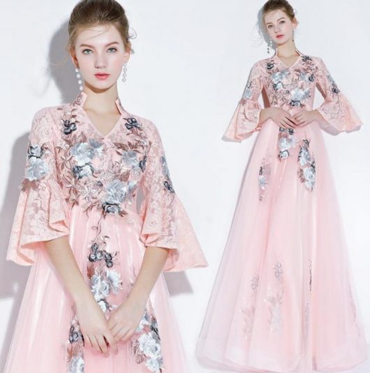 Model Baju Gamis Pesta Mewah Brokat Bordir Payet Soft Peach