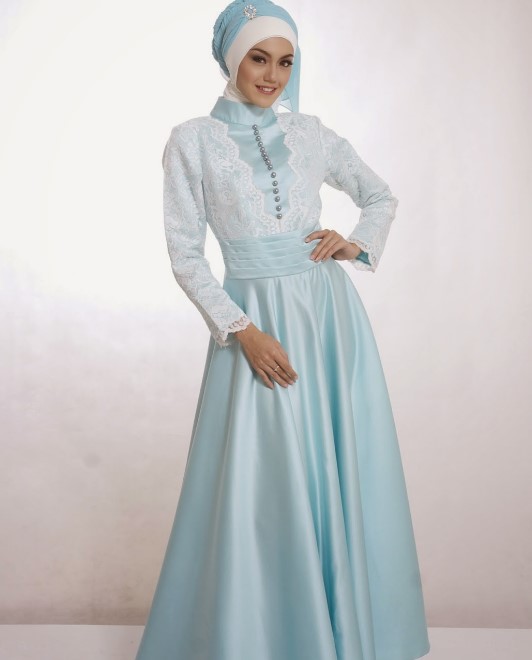 Model Baju Gamis Pesta Satin Brokat Aqua Blue