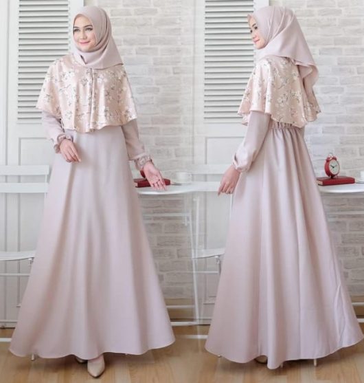 Model Baju Gamis Pesta Satin Floral Cape Cream Nude