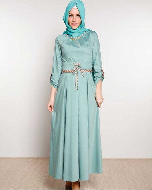 Model Baju Gamis Pesta Satin Simpel Biru Tosca