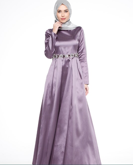 Model Baju Gamis Pesta Satin Simpel Lavender