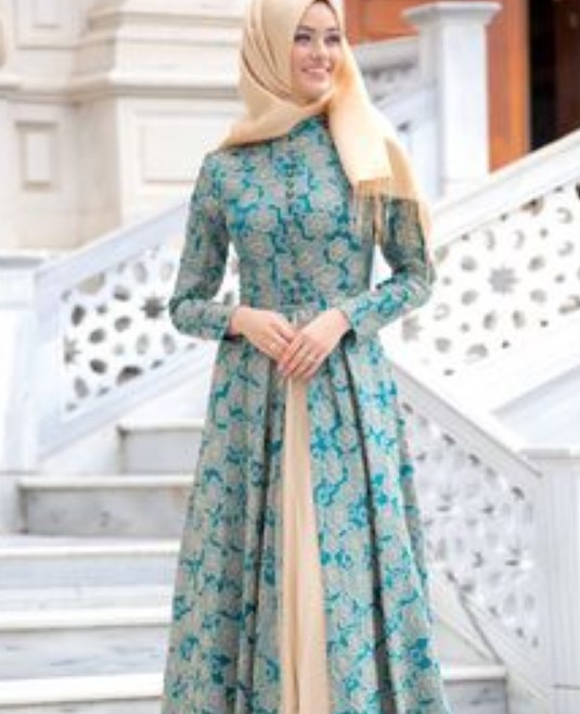 Model Baju Gamis Pesta Sederhana Floral Belah Tengah Hijau