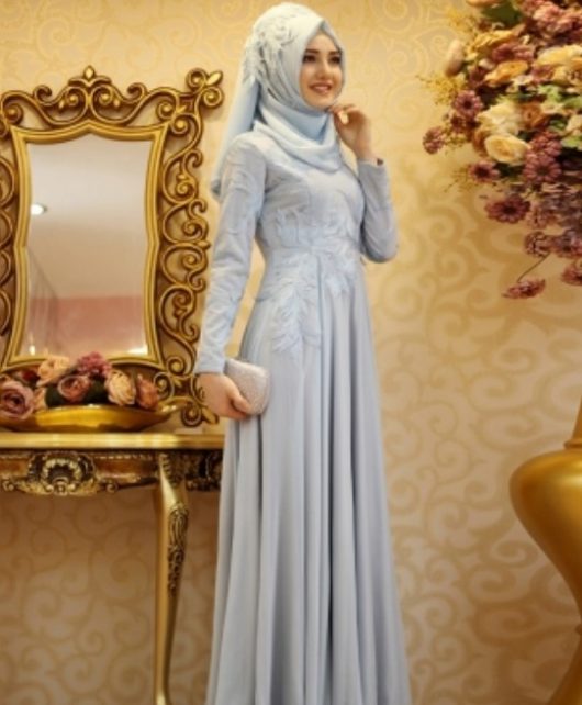 Model Baju Gamis Pesta Sederhana Simpel Abu Muda