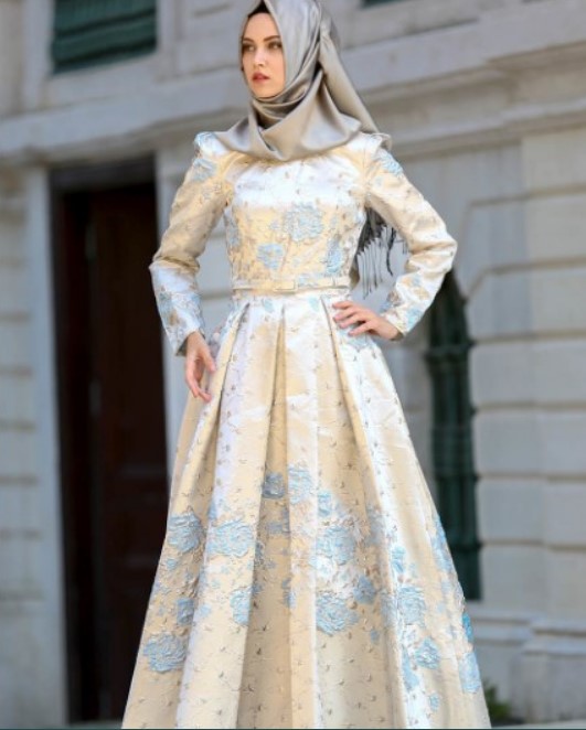 Model Baju Gamis Pesta Terbaru Floral Soft Nude