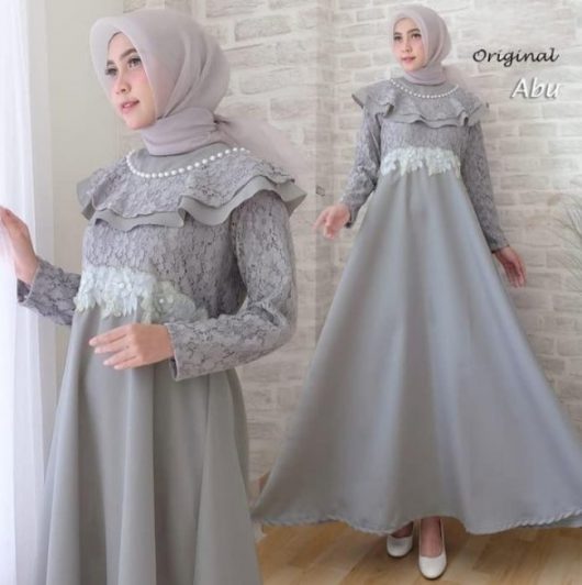 Model Baju Gamis Pesta Terbaru Modern Renda Brokat Abu Muda