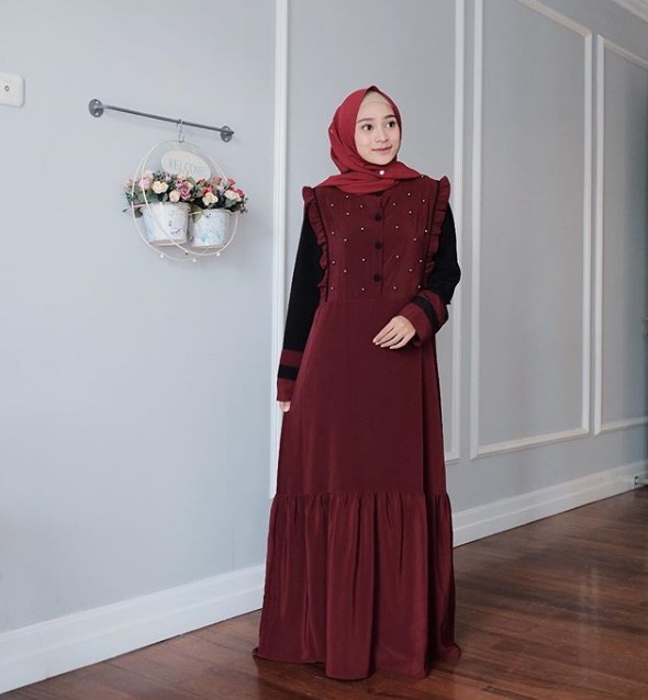 Model Baju Gamis Remaja Kekinian Modern Mutiara Maroon