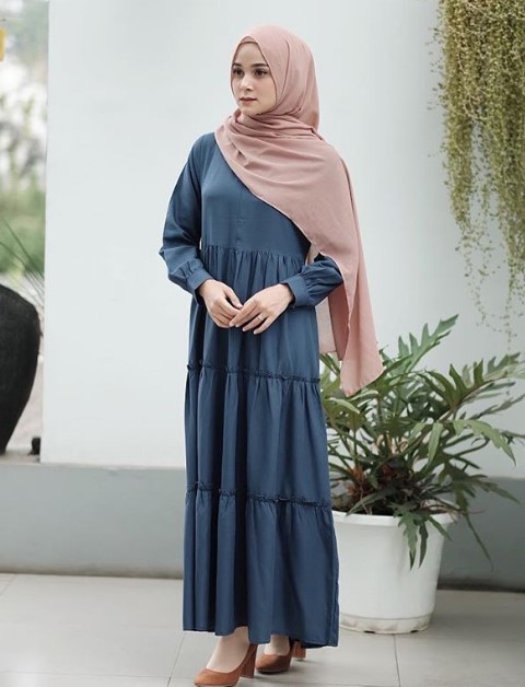 Model Baju Gamis Tanah Abang Terbaru Rok Renda Tumpuk Navy