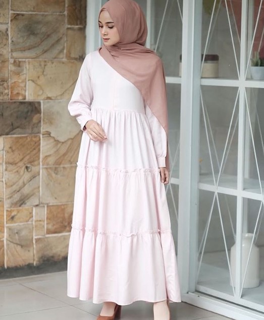 Model Baju Gamis Tanah Abang Terbaru Rok Renda Tumpuk Soft Baby Pink