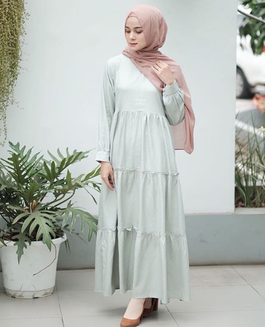 Model Baju Gamis Tanah Abang Terbaru Rok Renda Tumpuk Soft Tosca