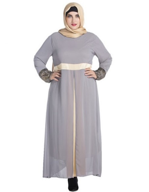 Model Baju Gamis Untuk Orang Gemuk Pendek Belah Tengah Soft Grey
