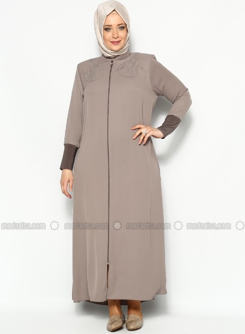 Model Baju Gamis Untuk Orang Gemuk Pendek Resleting Panjang Soft Grey