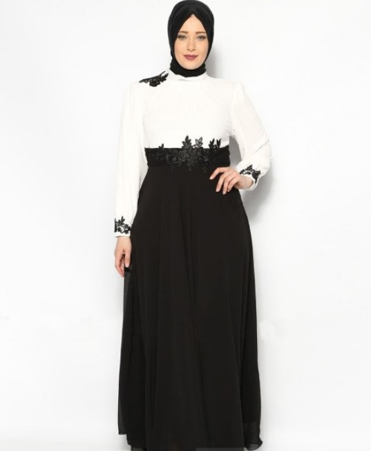 Model Baju Gamis Untuk Orang Gemuk Terbaru Mewah Aksen Brokat Pinggang Hitam Putih