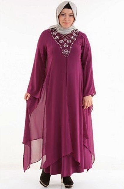 Model Baju Gamis Unutk Orang Gemuk Biar Kelihatan Langsing Aksen Mutiara Sifon Merah Hati