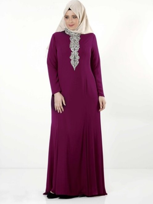 Model Baju Gamis Unutk Orang Gemuk Biar Kelihatan Langsing Aksen Renda Dada Maroon