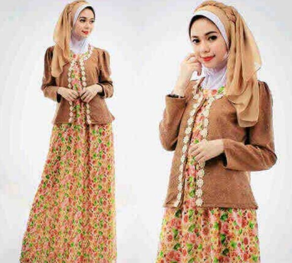 Model Gamis Batik Blazer Lebaran Terbaru Coklat Floral