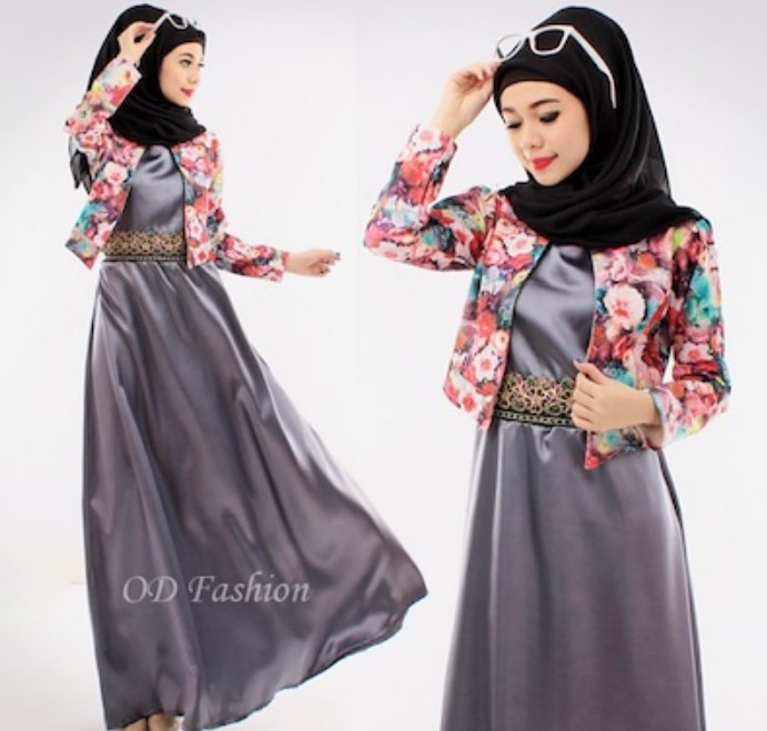 Model Gamis Batik Blazer Lebaran Terbaru Satin Silver Bunga Floral Pink