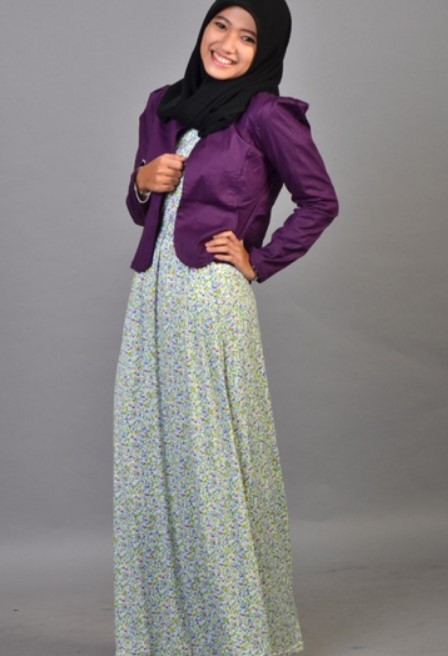Model Gamis Batik Blazer Lebaran Terbaru Simpel Ungu Putih