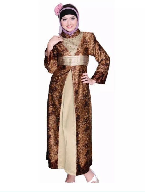 Model Gamis Batik Kombinasi Kain Polos Satin Cream Coklat