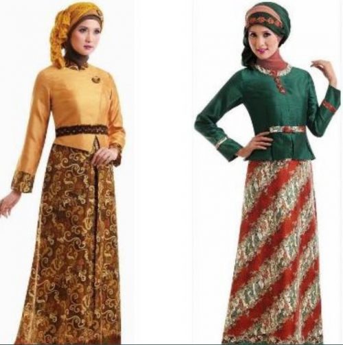 Model Gamis Batik Kombinasi Kain Polos Satin Gold Hijau