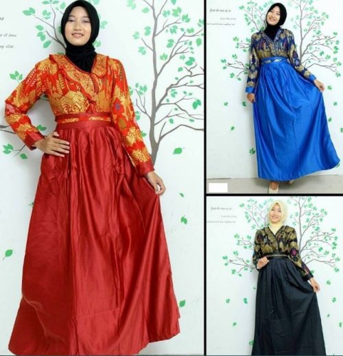 Model Gamis Batik Kombinasi Kain Polos Satin Modern
