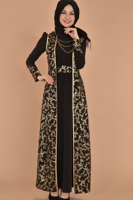 Model Gamis Batik Kombinasi Polos Katun Modern Hitam Nude Cream