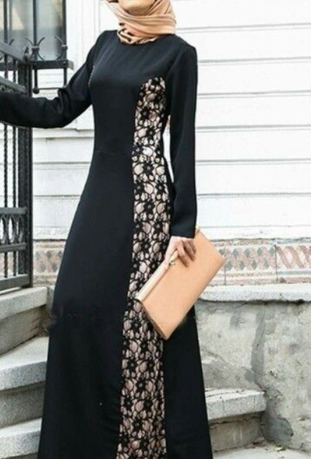Model Gamis Batik Kombinasi Polos Katun Modern Hitam Putih