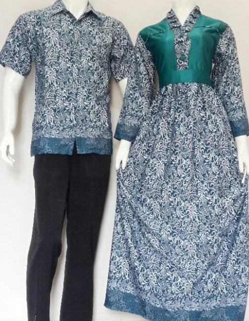 Model Gamis Batik Kombinasi Polos Katun Modern Putih Hijau Tua