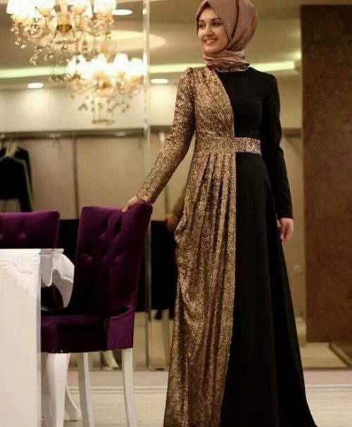 Model Gamis Brokat Kombinasi Batik Modern Hitam Gold