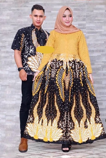Model Gamis Brokat Kombinasi Batik Terbaru Simple Rok Lebar Kuning