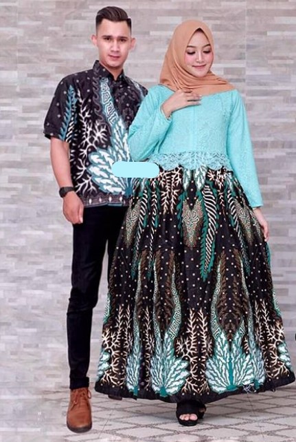 Model Gamis Brokat Kombinasi Batik Terbaru Simple Rok Lebar Soft Blue