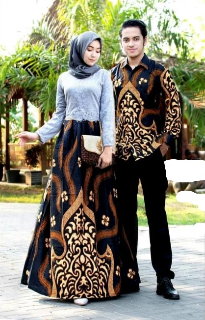 Model Gamis Brokat Kombinasi Batik Terbaru Simple Rok Lebar Soft Grey