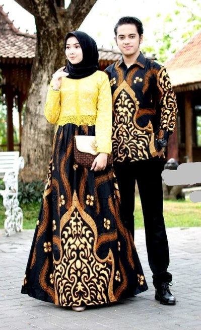 Model Gamis Brokat Kombinasi Batik Terbaru Simple Rok Lebar Soft Kuning