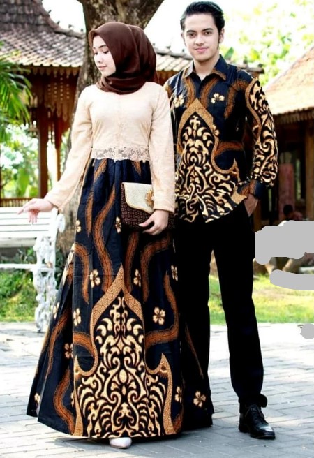 Model Gamis Brokat Kombinasi Batik Terbaru Simple Rok Lebar Soft Nude