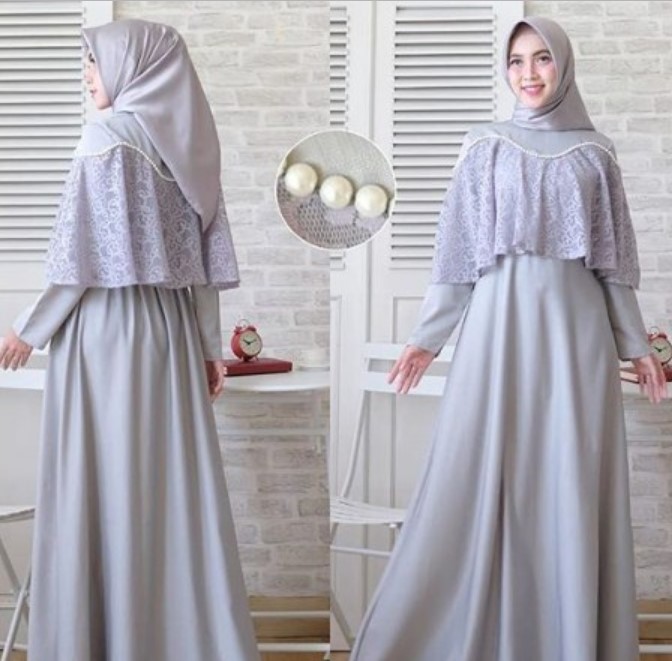 Model Gamis Brokat Pesta Cape Grey
