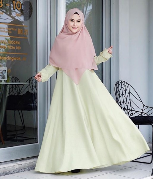 Model Gamis Katun Jepang Kombinasi Terbaru Rok Payung Soft Green