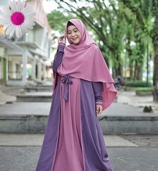 Model Gamis Katun Jepang Kombinasi Terbaru Syari Ikat Pinggang Dusty Purple Pink