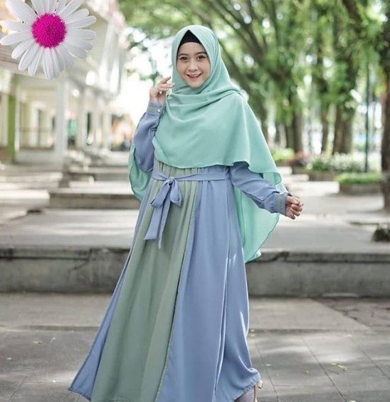 Model Gamis Katun Jepang Kombinasi Terbaru Syari Ikat Pinggang Soft Blue