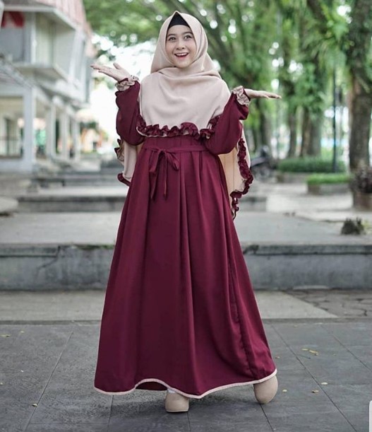 Model Gamis Katun Jepang Kombinasi Terbaru Syari Maroon