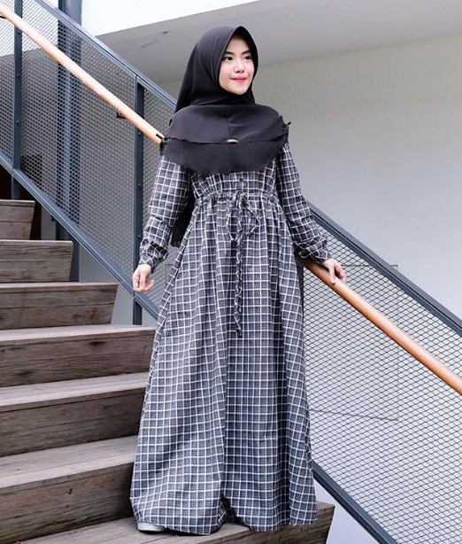 Model Gamis Katun Jepang Kombinasi Terbaru Tali Pinggang Motif Kotak